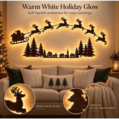 Christmas Reindeer and Santa's Sleigh Wall Decor – Multicolor LED Holiday Wall Decal Light