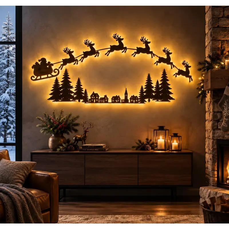 Christmas Reindeer and Santa's Sleigh Wall Decor – Multicolor LED Holiday Wall Decal Light
