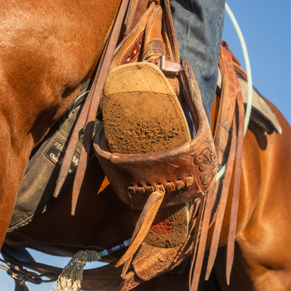 Close-up of a brown leather boot in a western saddle on a horse with a clear blue sky.