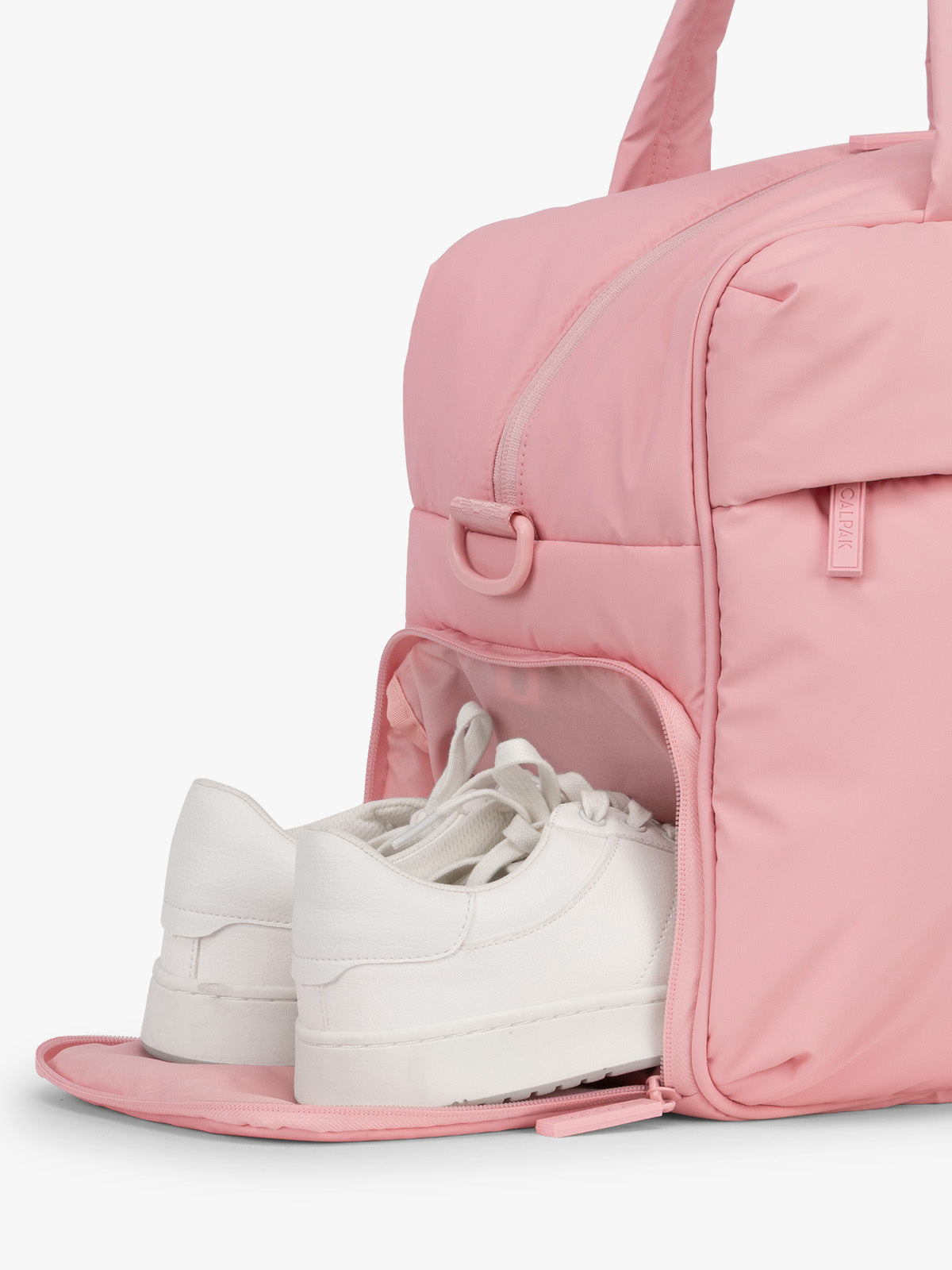 CALPAK Luka Duffel in monochrome pink Blossom shoe compartment; DSM1901-BLOSSOM