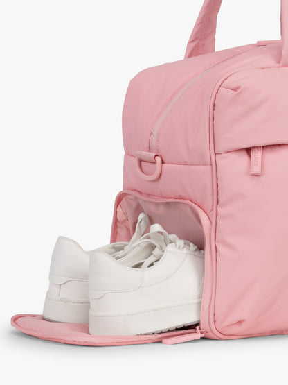 CALPAK Luka Duffel in monochrome pink Blossom shoe compartment; DSM1901-BLOSSOM