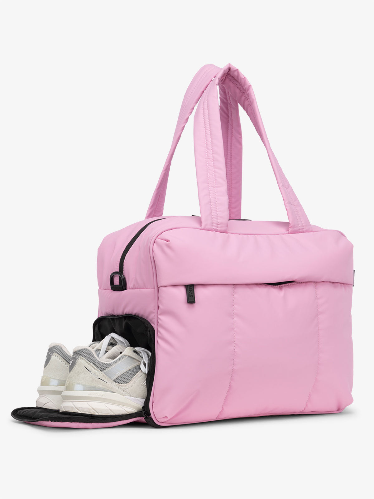 CALPAK Luka Duffel Bag with side shoe compartment and top handles in bubblegum pink; DSM1901-BUBBLEGUM