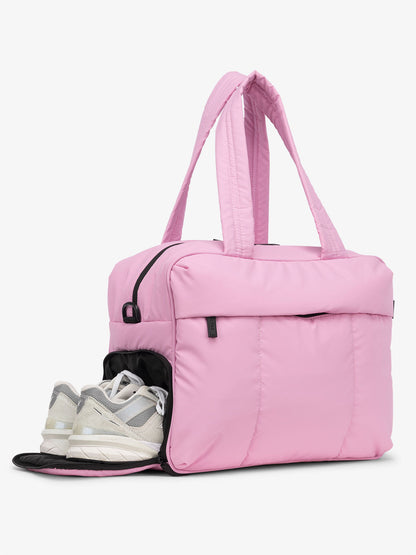 CALPAK Luka Duffel Bag with side shoe compartment and top handles in bubblegum pink; DSM1901-BUBBLEGUM