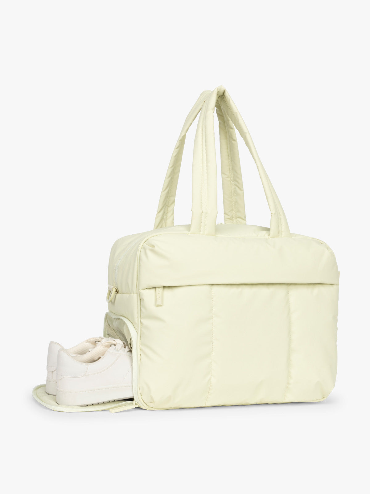 Shoe compartment of CALPAK Luka Duffel in light green Celadon; DSM1901-CELADON