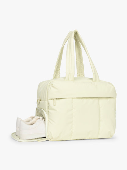 Shoe compartment of CALPAK Luka Duffel in light green Celadon; DSM1901-CELADON