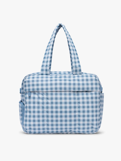 CALPAK Luka Duffel in white and blue gingham print in French Blue Gingham; DSM1901-FRENCH-BLUE-GINGHAM