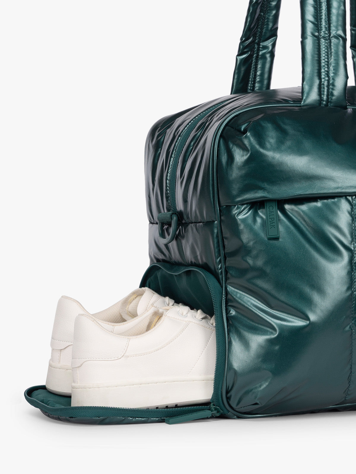 Shoe compartment of CALPAK  Luka Duffel in dark green shiny Glazed Kale ; DSM1901-GLAZED-KALE