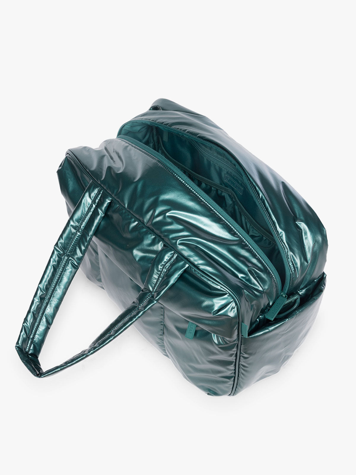 Opened CALPAK  Luka Duffel in dark green shiny Glazed Kale ; DSM1901-GLAZED-KALE