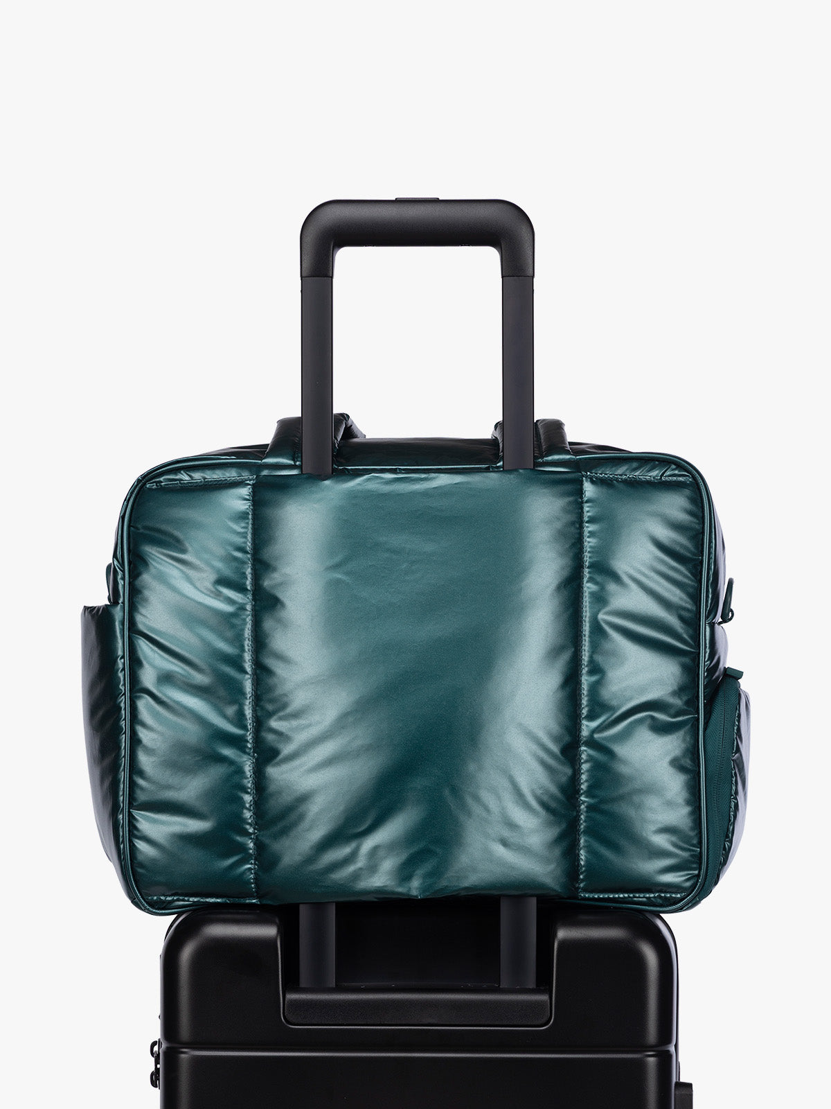 Luggage trolley sleeve of CALPAK  Luka Duffel in dark green shiny Glazed Kale ; DSM1901-GLAZED-KALE