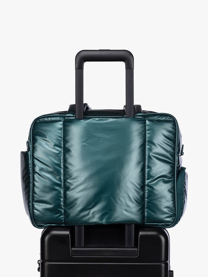 Luggage trolley sleeve of CALPAK  Luka Duffel in dark green shiny Glazed Kale ; DSM1901-GLAZED-KALE