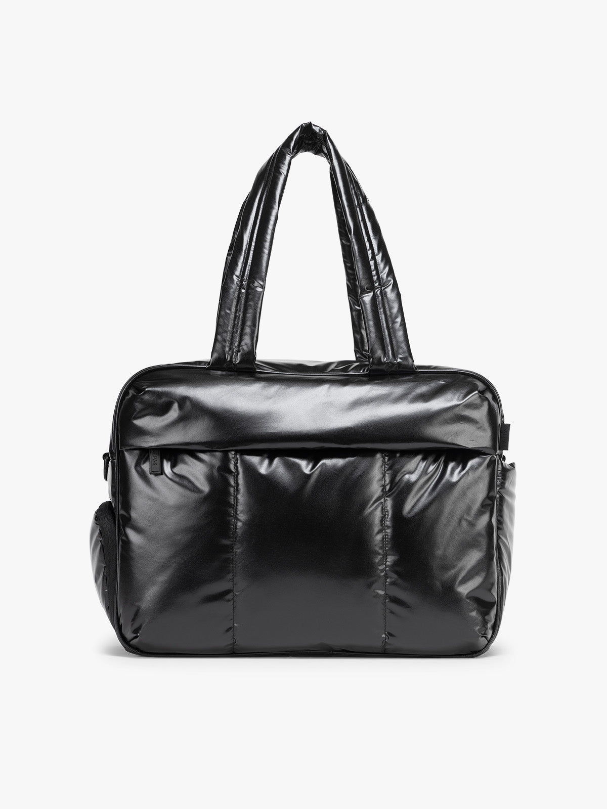 CALPAK Luka Duffel in shiny black on a white background; DSM1901-GLAZED-BLACK