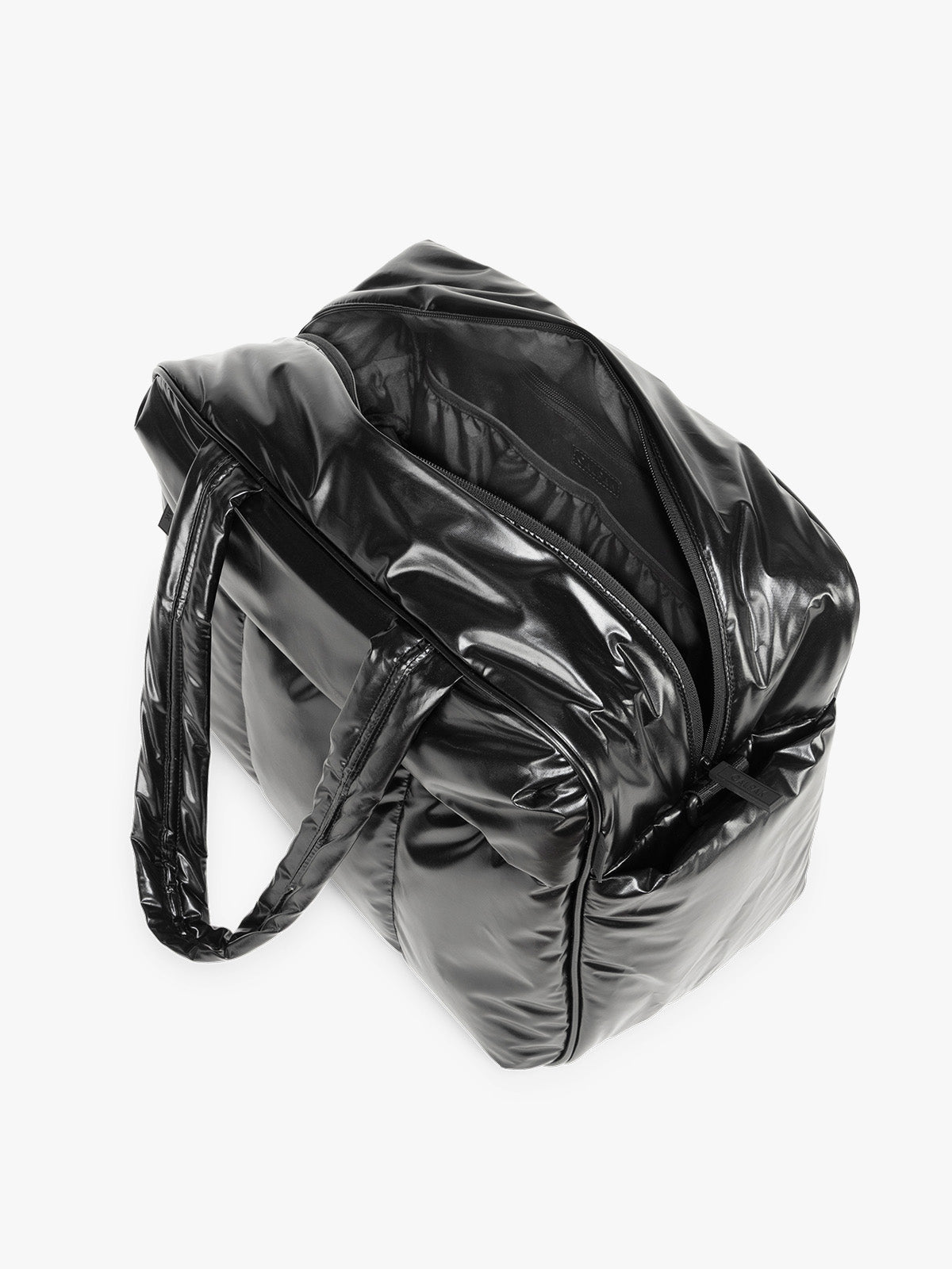 CALPAK Luka Duffel side view in shiny black on a white background; DSM1901-GLAZED-BLACK
