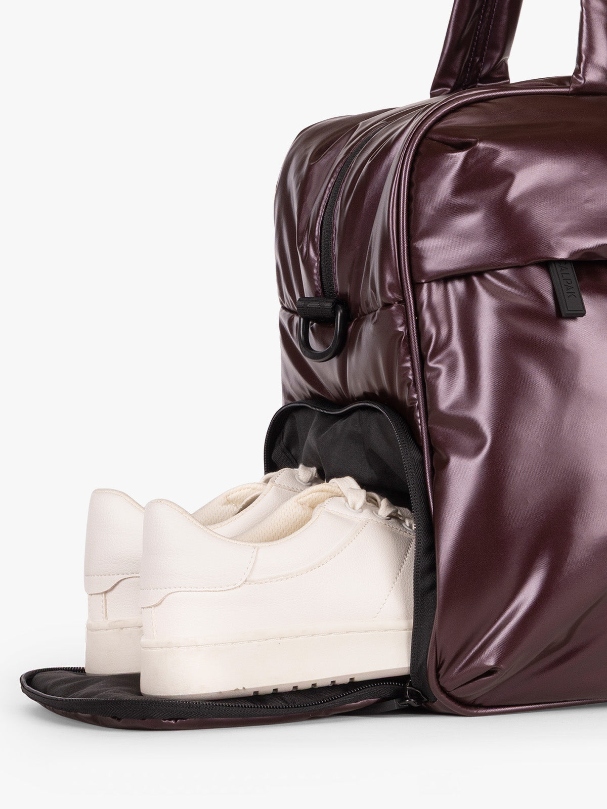 CALPAK Dark Cherry red Luka Duffel side shoe comparment on a white background; DSM1901-GLAZED-DARK-CHERRY