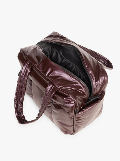CALPAK Dark Cherry red Luka Duffel side open view on a white background; DSM1901-GLAZED-DARK-CHERRY