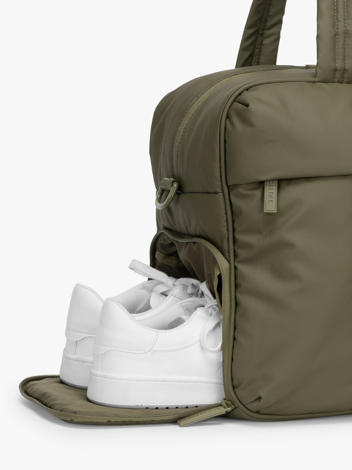 CALPAK Luka Duffel in dark green Pine shoe compartment; DSM1901-PINE