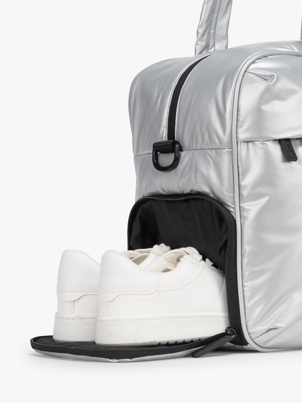 CALPAK Silver Luka Duffel side shoe compartment a white background; DSM1901-SILVER