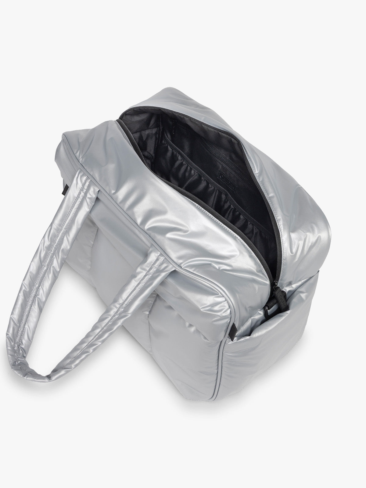CALPAK Silver Luka Duffel front side open view on a white background; DSM1901-SILVER