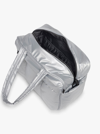 CALPAK Silver Luka Duffel front side open view on a white background; DSM1901-SILVER