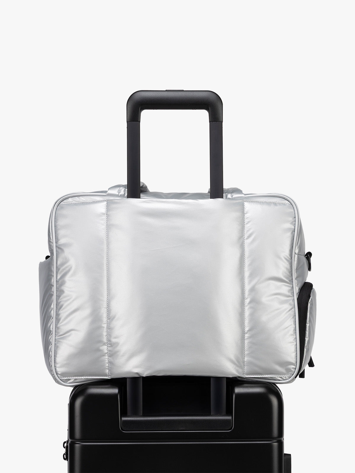 CALPAK Silver Luka Duffel luggage trolley sleeve view a white background; DSM1901-SILVER