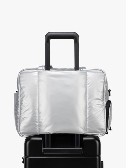 CALPAK Silver Luka Duffel luggage trolley sleeve view a white background; DSM1901-SILVER