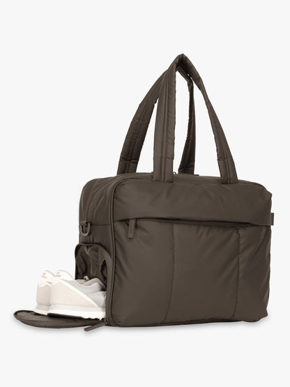 Shoe compartment of CALPAK Luka Duffel in brown Mushroom; DSM1901-MUSHROOM