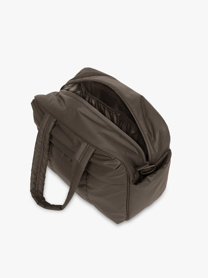 opened CALPAK Luka Duffel in brown Mushroom; DSM1901-MUSHROOM