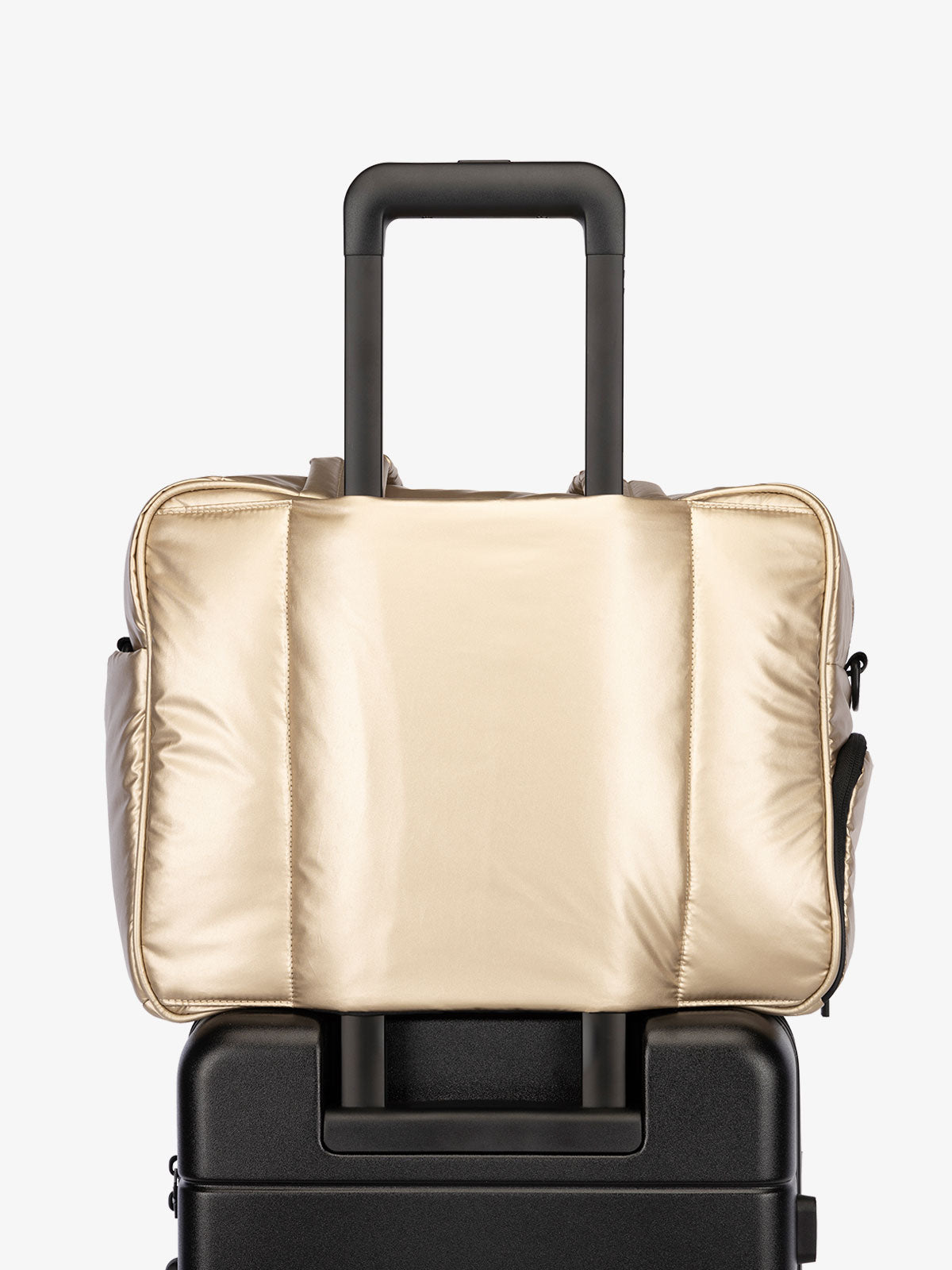 CALPAK Luka Duffel bag with luggage trolley sleeve in metallic gold; DSM1901-GOLD