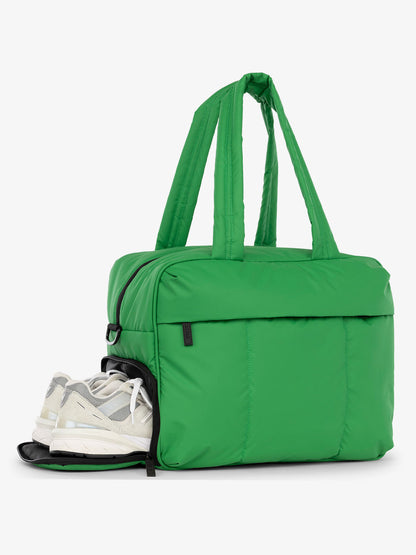 CALPAK Luka Duffel Bag with side shoe compartment and top handles in light green apple; DSM1901-GREEN-APPLE