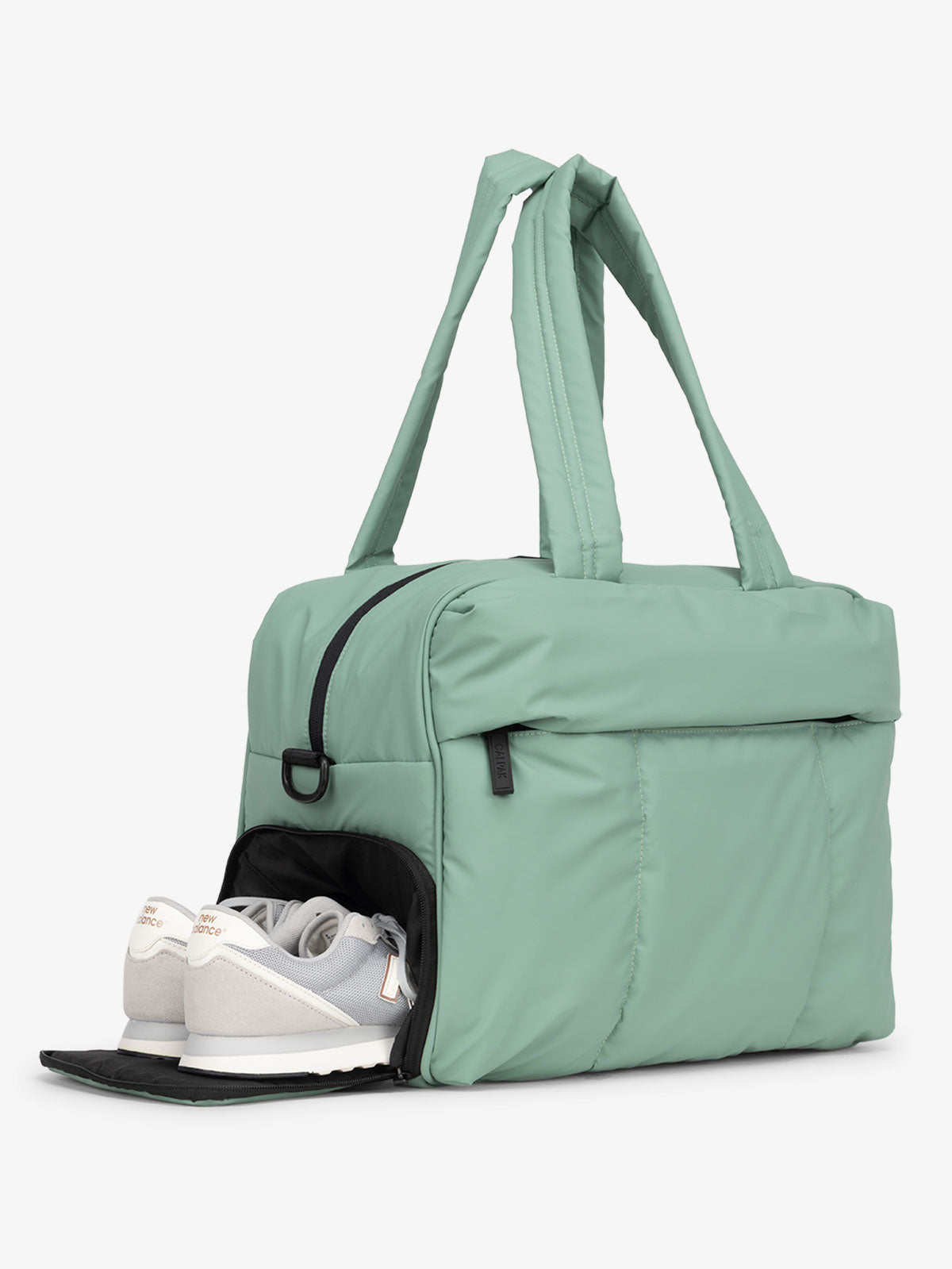 CALPAK Luka Duffel Bag with side shoe compartment and top handles in sage; DSM1901-SAGE