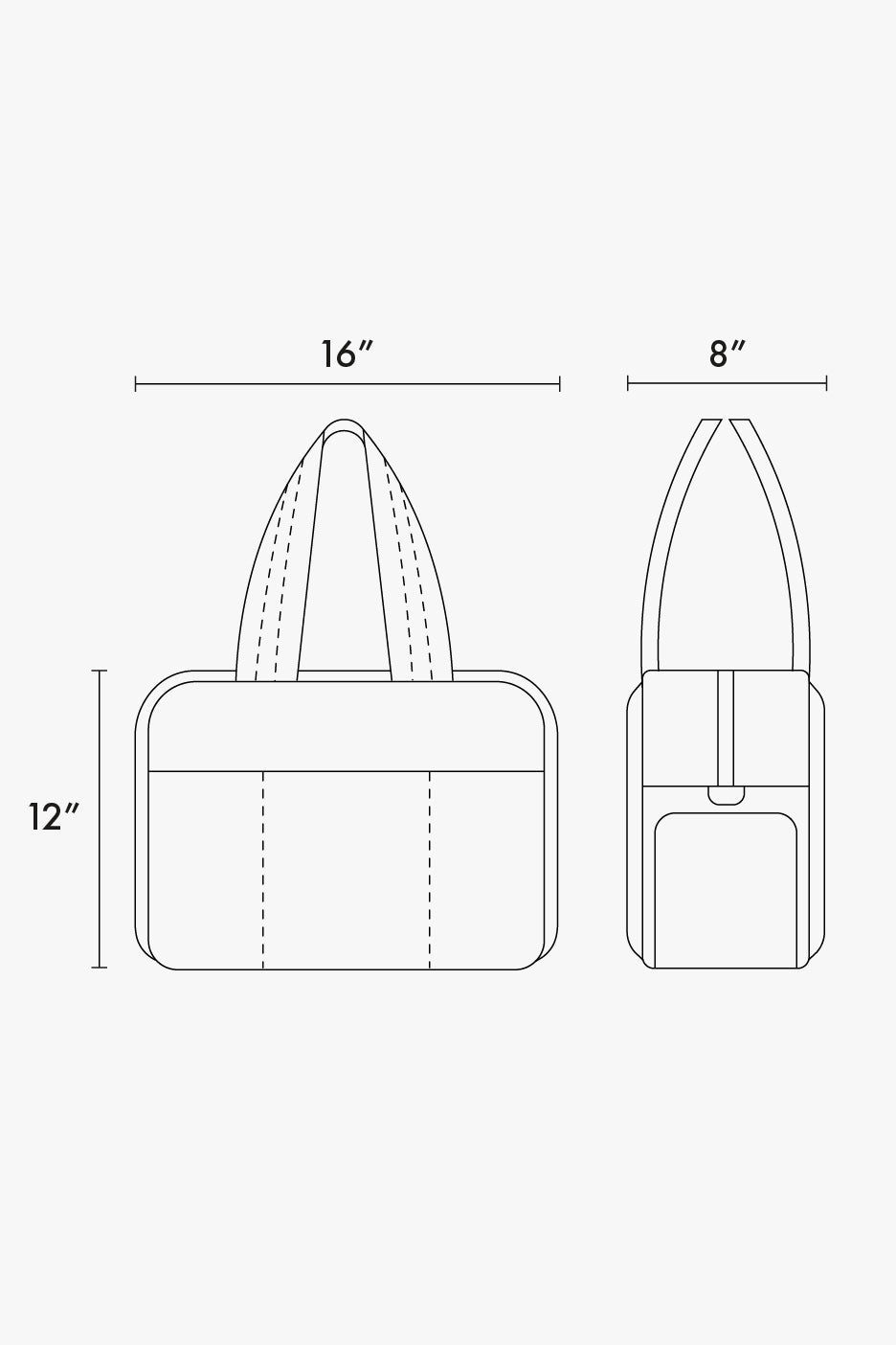 CALPAK Luka Duffel line drawing with dimensions labeled on a white background 12"x16"x8";