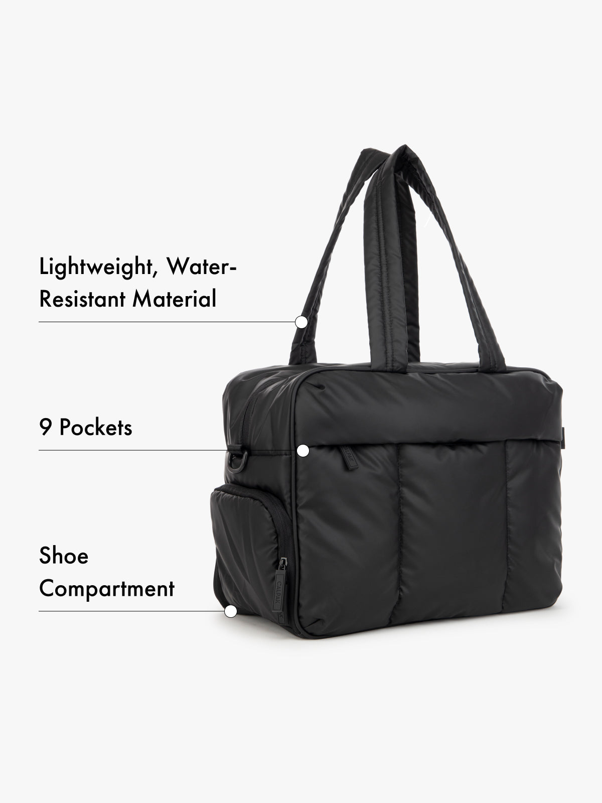 CALPAK black Luka duffle bag with features listed on a white background water-resistant material, 9 pockets, and shoe compartment; DSM1901-MATTE-BLACK