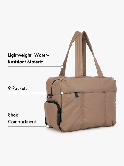 CALPAK brown Luka duffle bag with features listed on a white background water-resistant material, 9 pockets, and shoe compartment; DSM1901-CHOCOLATE