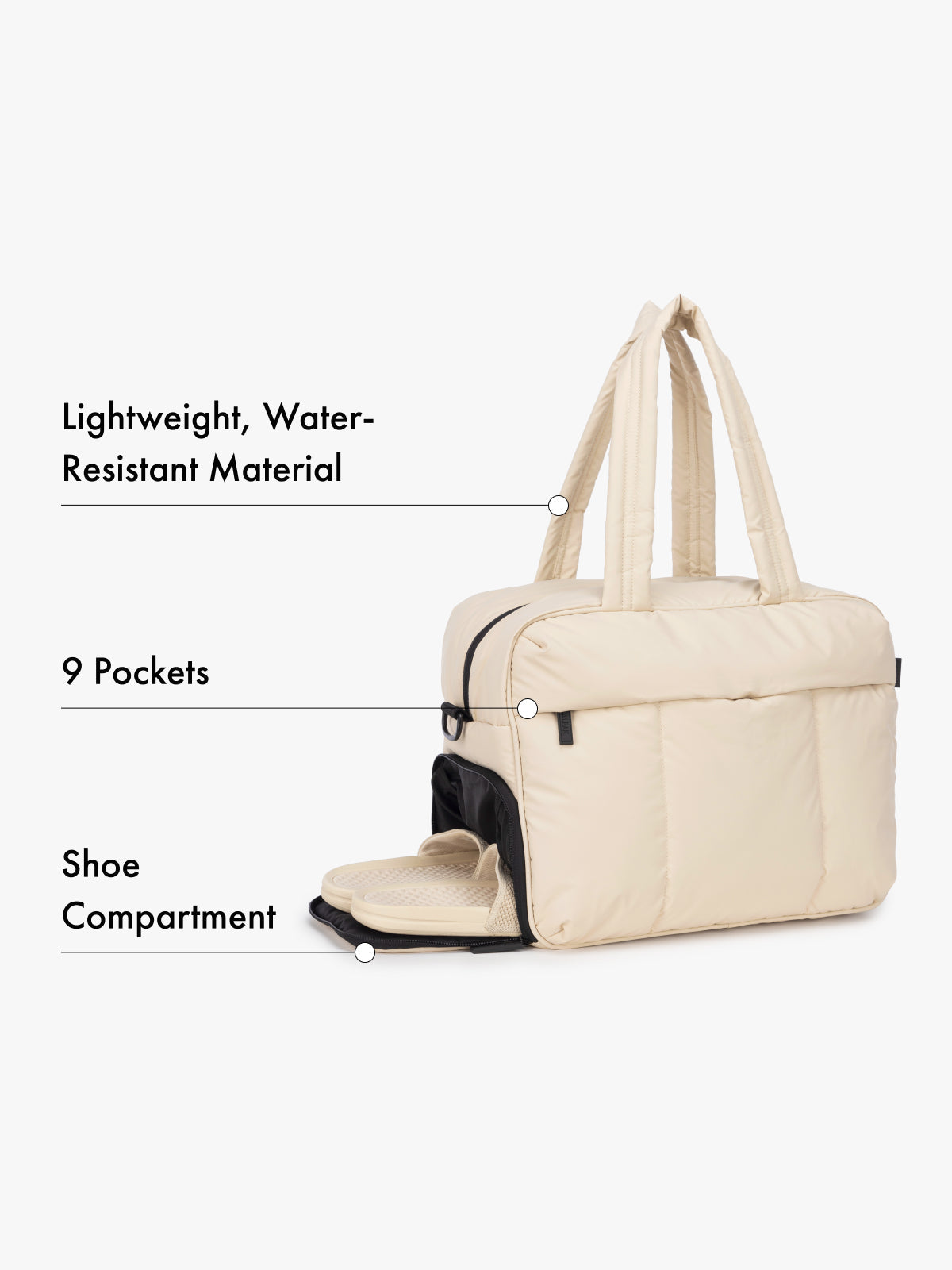 CALPAK oatmeal beige Luka duffle bag with features listed on a white background water-resistant material, 9 pockets, and shoe compartment; DSM1901-OATMEAL