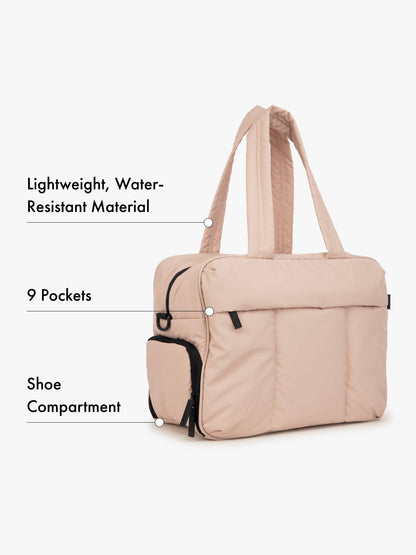 CALPAK light pink Luka duffle bag with features listed on a white background water-resistant material, 9 pockets, and shoe compartment; DSM1901-ROSE-QUARTZ