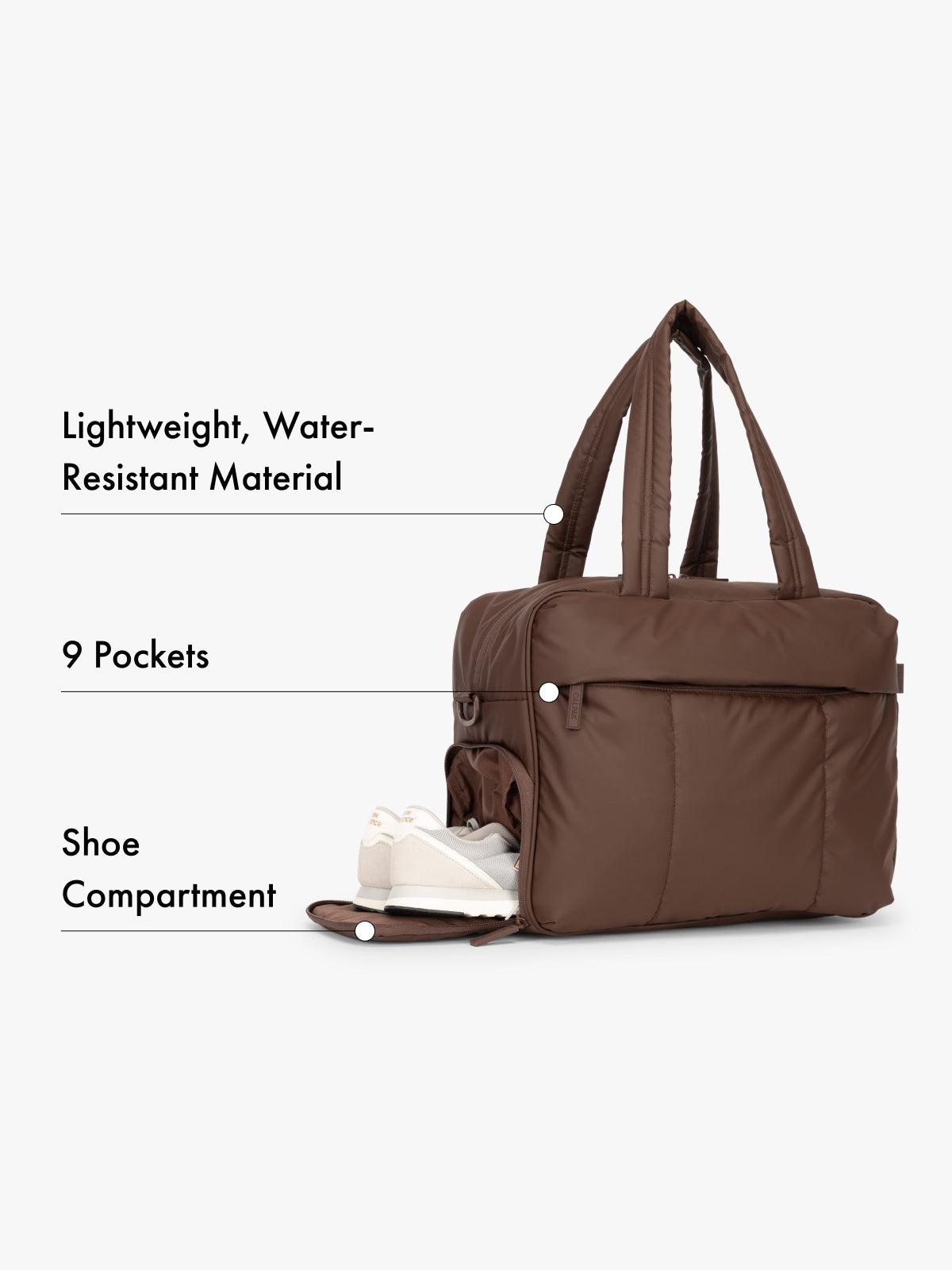 CALPAK dark brown Luka duffle bag with features listed on a white background water-resistant material, 9 pockets, and shoe compartment; DSM1901-WALNUT