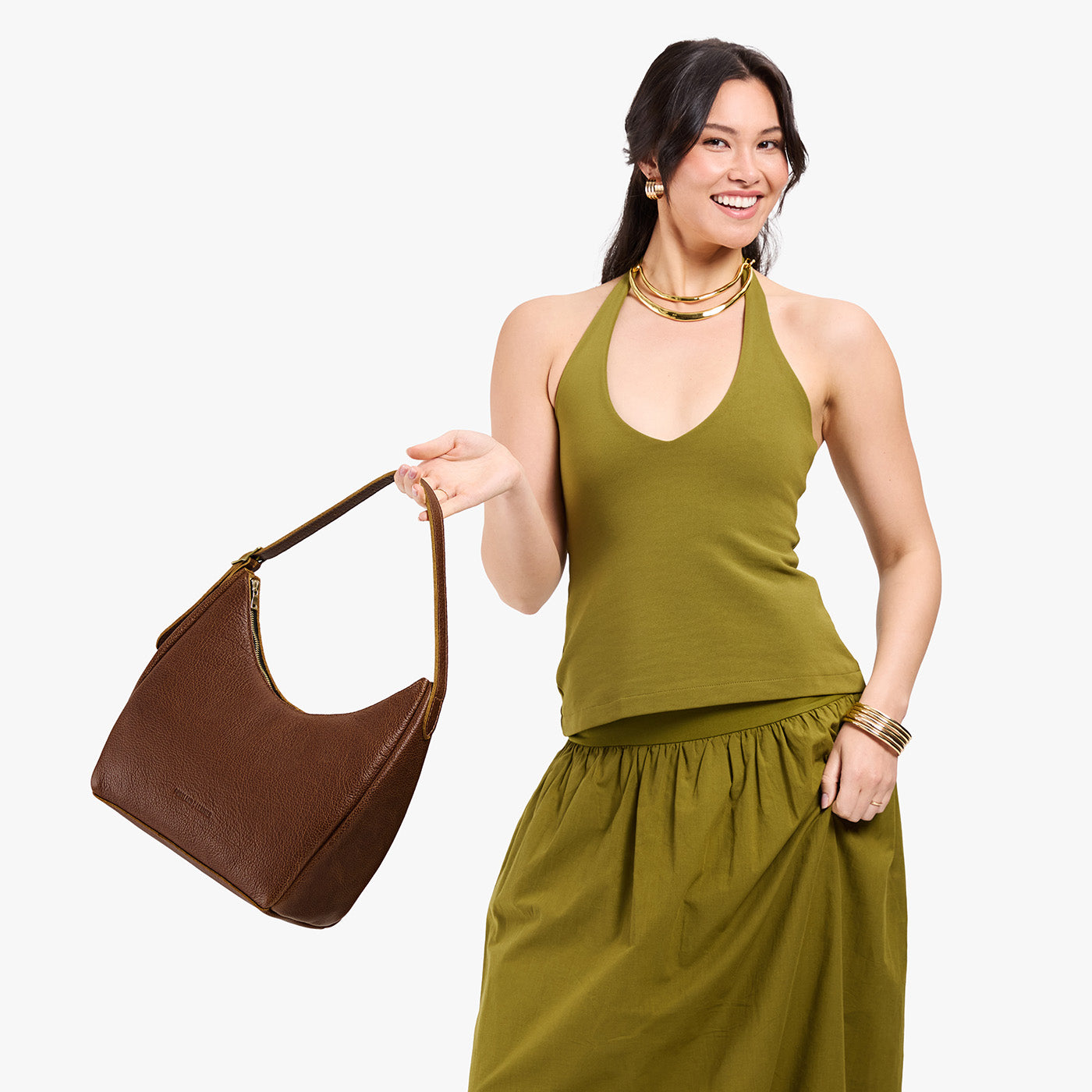 Asheville*Medium | U-shaped, flat-bottomed leather shoulder bag with adjustable strap