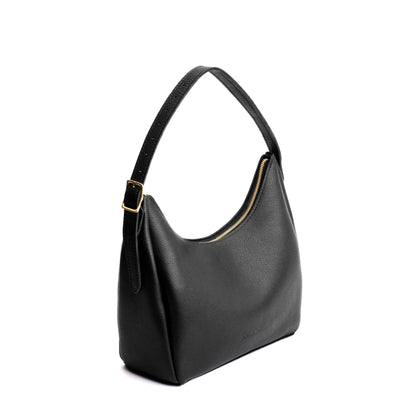 Pebbled--black*Medium | U-shaped, flat-bottomed leather shoulder bag with adjustable strap