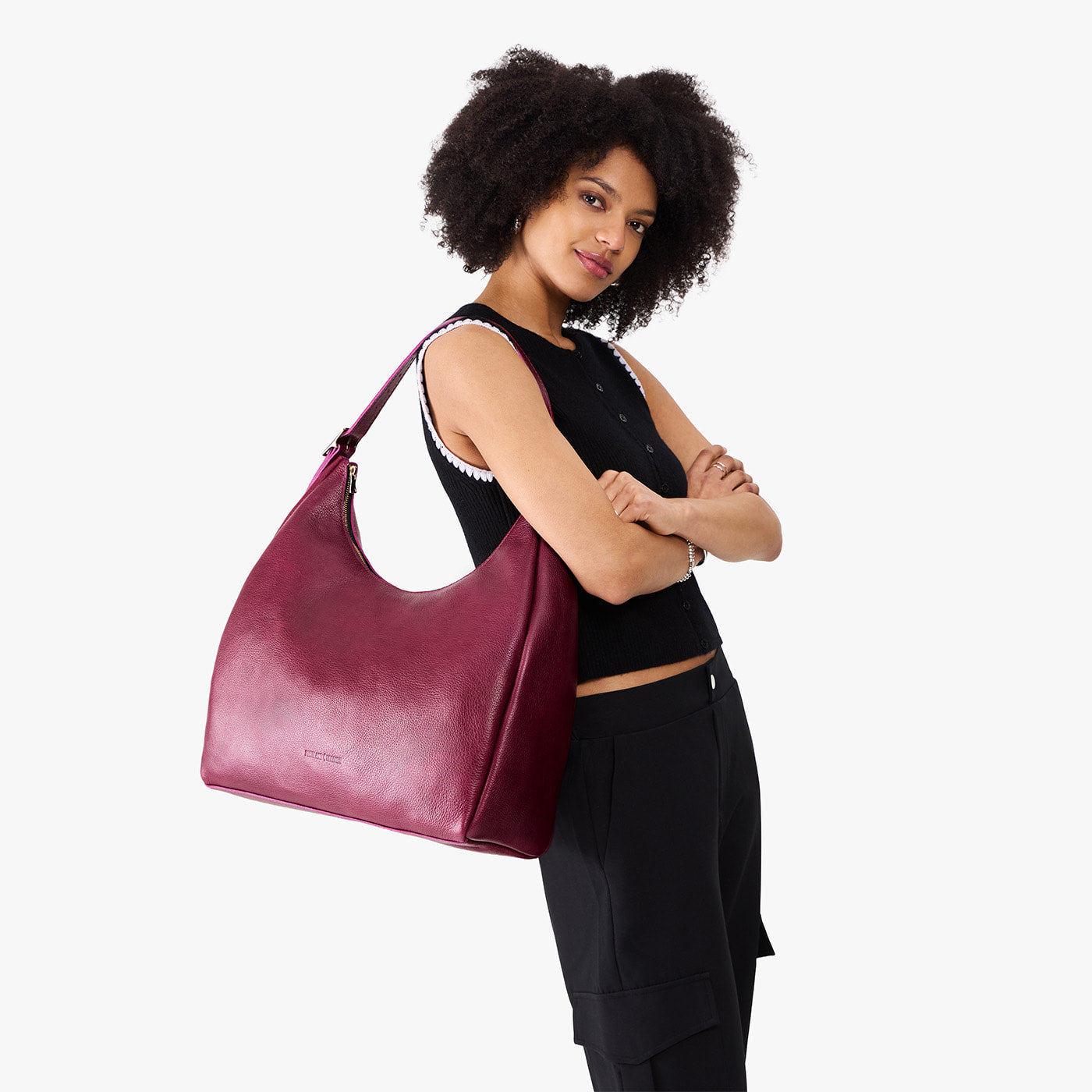 Orchid*Oversized | U-shaped, flat-bottomed leather shoulder bag with adjustable strap
