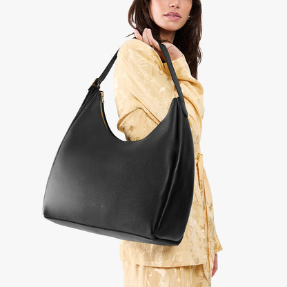 Pebbled--black*Oversized | U-shaped, flat-bottomed leather shoulder bag with adjustable strap