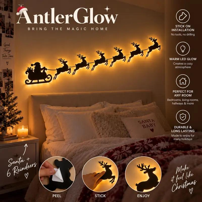 Christmas Reindeer and Santa's Sleigh Wall Decor – Multicolor LED Holiday Wall Decal Light