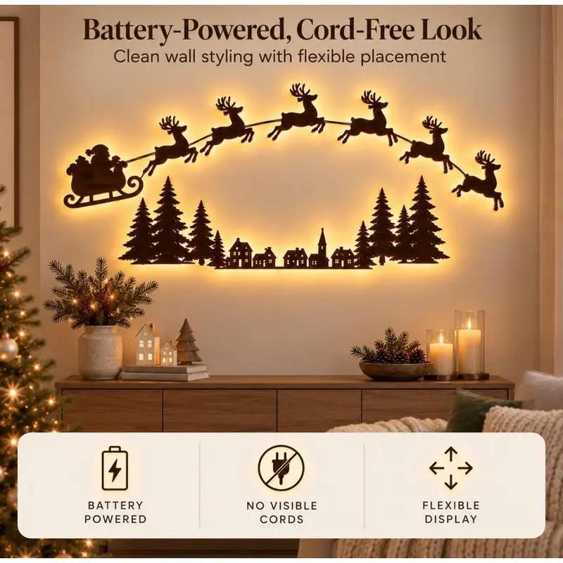 Christmas Reindeer and Santa's Sleigh Wall Decor – Multicolor LED Holiday Wall Decal Light