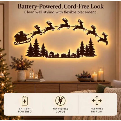 Christmas Reindeer and Santa's Sleigh Wall Decor – Multicolor LED Holiday Wall Decal Light